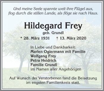 Traueranzeige von Hildegard Frey von Allgäuer Zeitung, Kaufbeuren/Buchloe