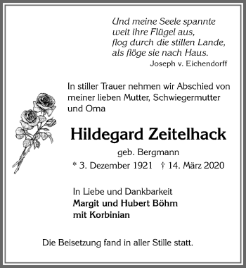 Traueranzeige von Hildegard Zeitelhack von Allgäuer Zeitung, Füssen