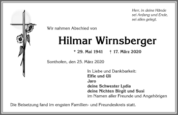 Traueranzeige von Hilmar Wirnsberger von Allgäuer Anzeigeblatt