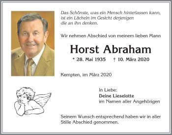 Traueranzeige von Horst Abraham von Allgäuer Zeitung,Kempten