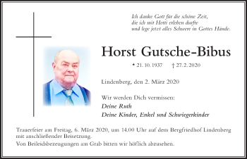 Traueranzeige von Horst Gutsche-Bibus von Der Westallgäuer