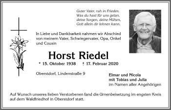 Traueranzeige von Horst Riedel von Allgäuer Anzeigeblatt