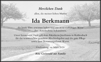 Traueranzeige von Ida Berkmann von Der Westallgäuer