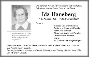 Traueranzeige von Ida Haneberg von Allgäuer Zeitung,Kempten