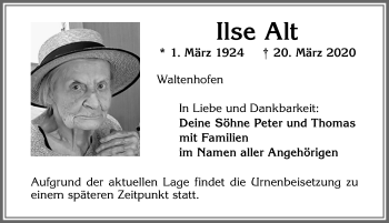 Traueranzeige von Ilse Alt von Allgäuer Zeitung,Kempten