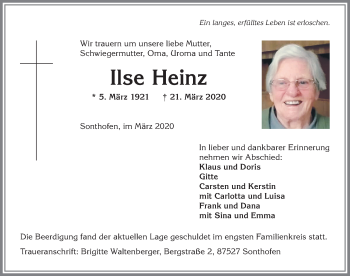 Traueranzeige von Ilse Heinz von Allgäuer Anzeigeblatt