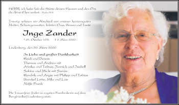 Traueranzeige von Inge Zander von Der Westallgäuer