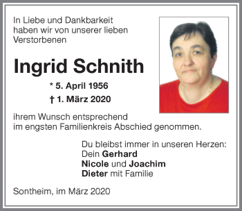 Traueranzeige von Ingrid Schnith von Memminger Zeitung