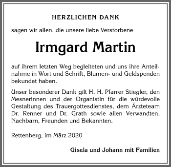 Traueranzeige von Irmgard Martin von Allgäuer Anzeigeblatt