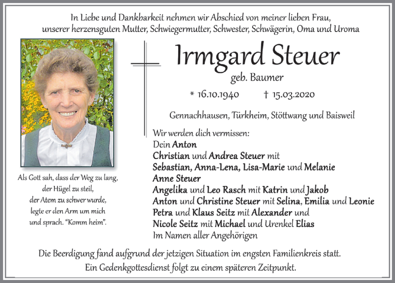  Traueranzeige für Irmgard Steuer vom 21.03.2020 aus Allgäuer Zeitung