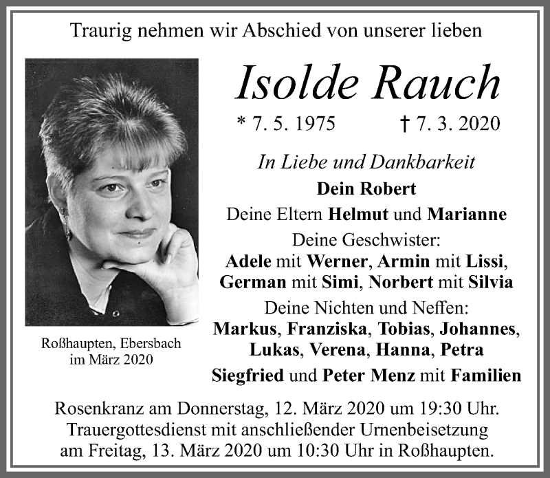  Traueranzeige für Isolde Rauch vom 12.03.2020 aus Allgäuer Zeitung