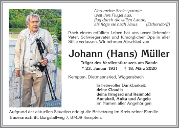 Traueranzeige von JOhann Müller von Allgäuer Zeitung,Kempten