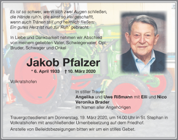 Traueranzeige von Jakob Pfalzer von Memminger Zeitung