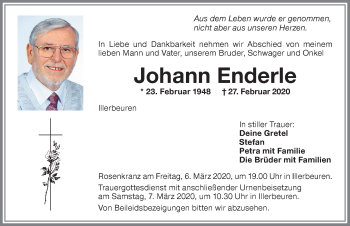 Traueranzeige von Johann Enderle von Memminger Zeitung