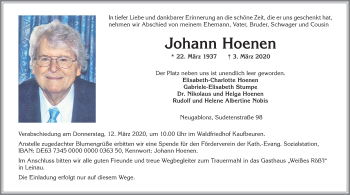 Traueranzeige von Johann Hoenen von Allgäuer Zeitung