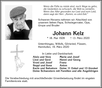 Traueranzeige von Johann Kelz von Allgäuer Zeitung, Marktoberdorf