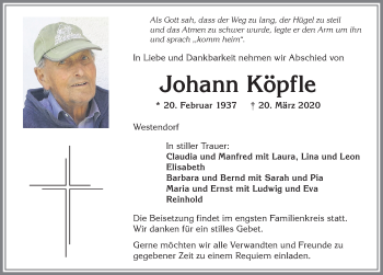 Traueranzeige von Johann Köpfle von Allgäuer Zeitung, Kaufbeuren/Buchloe