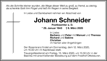 Traueranzeige von Johann Schneider von Memminger Zeitung
