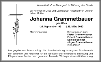 Traueranzeige von Johanna Grammetbauer von Memminger Zeitung