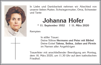 Traueranzeige von Johanna Hofer von Allgäuer Zeitung,Kempten