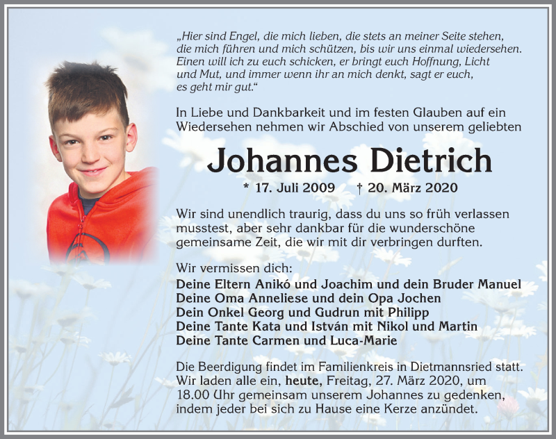  Traueranzeige für Johannes Dietrich vom 27.03.2020 aus Allgäuer Zeitung,Kempten