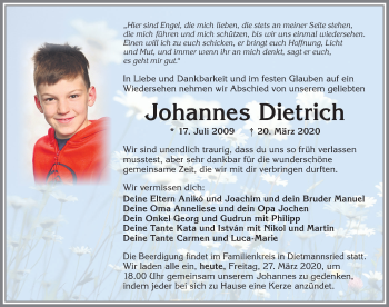 Traueranzeige von Johannes Dietrich von Allgäuer Zeitung,Kempten