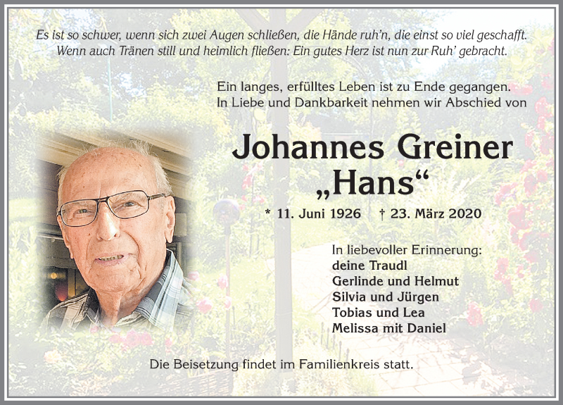  Traueranzeige für Johannes Greiner vom 28.03.2020 aus Allgäuer Zeitung