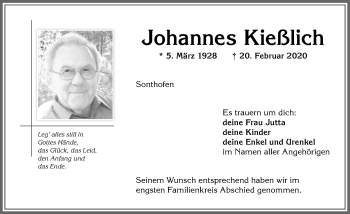 Traueranzeige von Johannes Kießlich von Allgäuer Anzeigeblatt