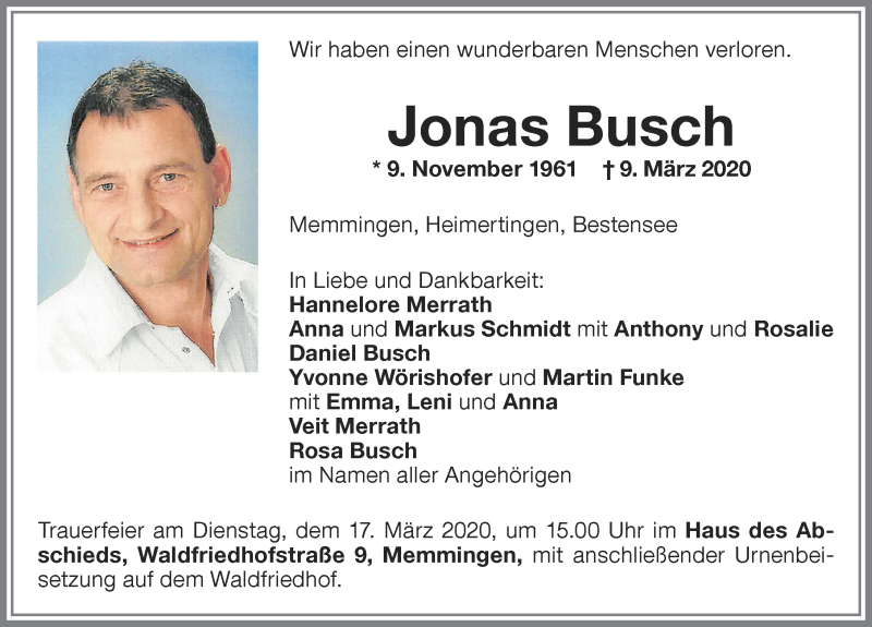  Traueranzeige für Jonas Busch vom 14.03.2020 aus Memminger Zeitung