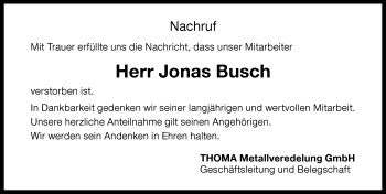 Traueranzeige von Jonas Busch von Memminger Zeitung