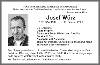 Traueranzeige von Josef Wörz von Allgäuer Zeitung, Kaufbeuren/Buchloe