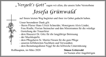 Traueranzeige von Josefa Grünwald von Allgäuer Zeitung, Füssen