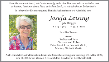 Traueranzeige von Josefa Leising von Allgäuer Zeitung, Füssen