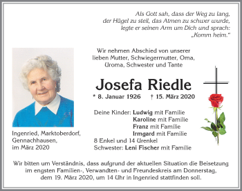 Traueranzeige von Josefa Riedle von Allgäuer Zeitung, Marktoberdorf