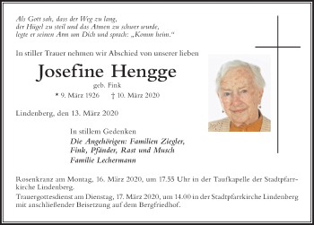 Traueranzeige von Josefine Hengge von Der Westallgäuer