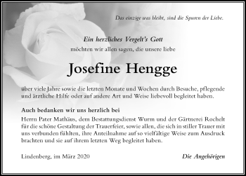 Traueranzeige von Josefine Hengge von Der Westallgäuer