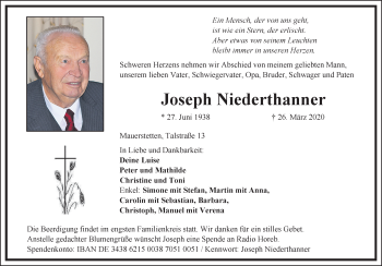 Traueranzeige von Joseph Niederthanner von Allgäuer Zeitung, Kaufbeuren/Buchloe