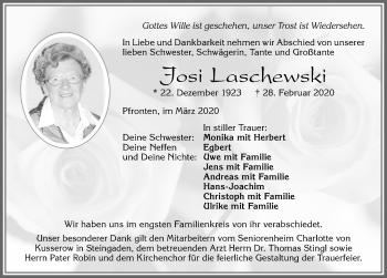 Traueranzeige von Josi Laschewski von Allgäuer Zeitung, Füssen