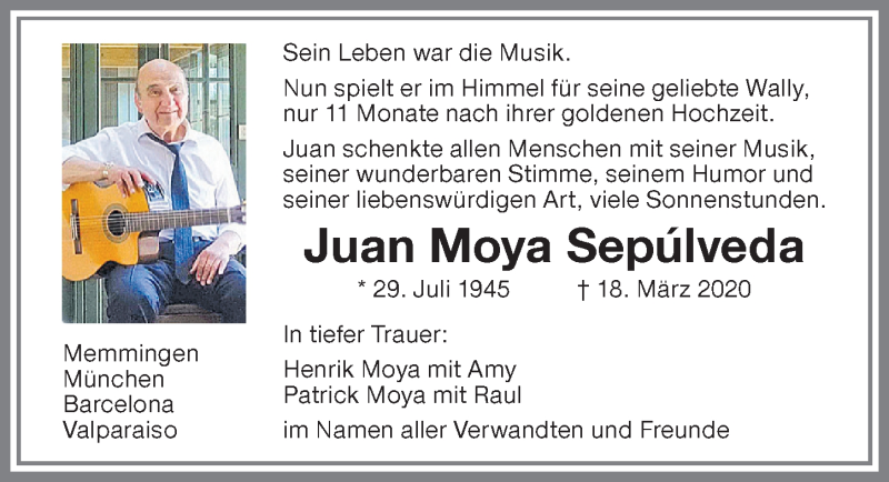  Traueranzeige für Juan Moya Sepúlveda vom 20.03.2020 aus Memminger Zeitung