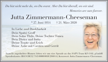 Traueranzeige von Jutta Zimmermann-Cheeseman von Allgäuer Zeitung, Marktoberdorf