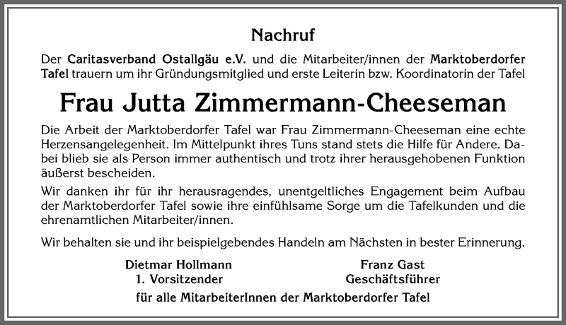  Traueranzeige für Jutta Zimmermann-Cheeseman vom 30.03.2020 aus Allgäuer Zeitung, Marktoberdorf