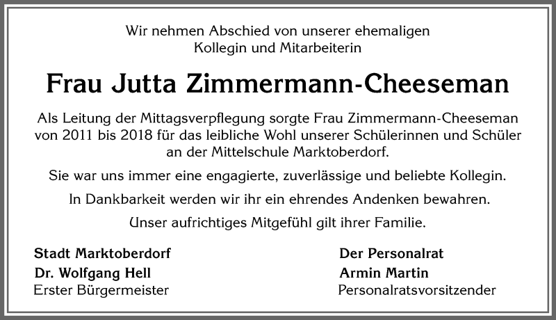  Traueranzeige für Jutta Zimmermann-Cheeseman vom 28.03.2020 aus Allgäuer Zeitung, Marktoberdorf