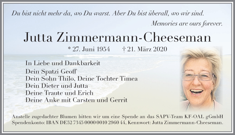  Traueranzeige für Jutta Zimmermann-Cheeseman vom 28.03.2020 aus Allgäuer Zeitung, Marktoberdorf