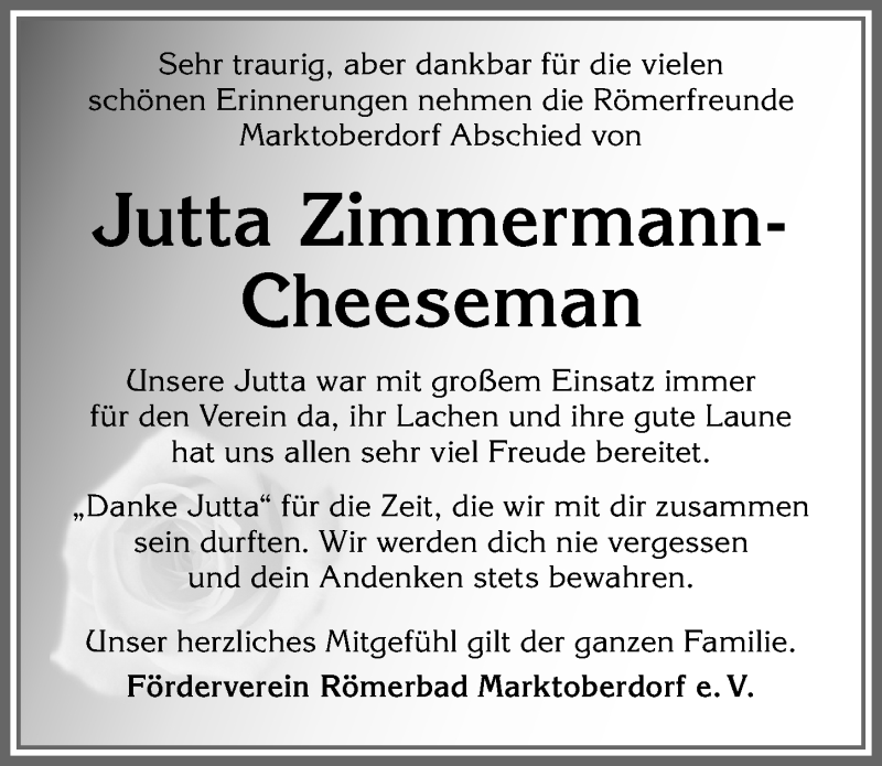  Traueranzeige für Jutta Zimmermann-Cheeseman vom 28.03.2020 aus Allgäuer Zeitung, Marktoberdorf