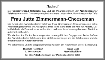 Traueranzeige von Jutta Zimmermann-Cheeseman von Allgäuer Zeitung, Marktoberdorf