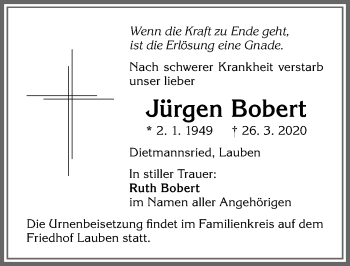 Traueranzeige von Jürgen Bobert von Allgäuer Zeitung,Kempten