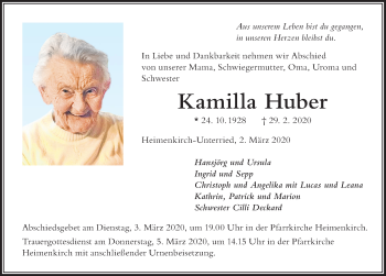 Traueranzeige von Kamilla Huber von Der Westallgäuer