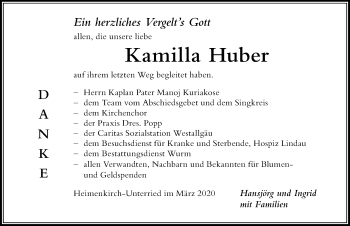 Traueranzeige von Kamilla Huber von Der Westallgäuer