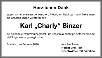 Traueranzeige von Karl Binzer von Memminger Zeitung