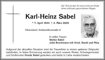 Traueranzeige von Karl-Heinz Sabel von Allgäuer Anzeigeblatt